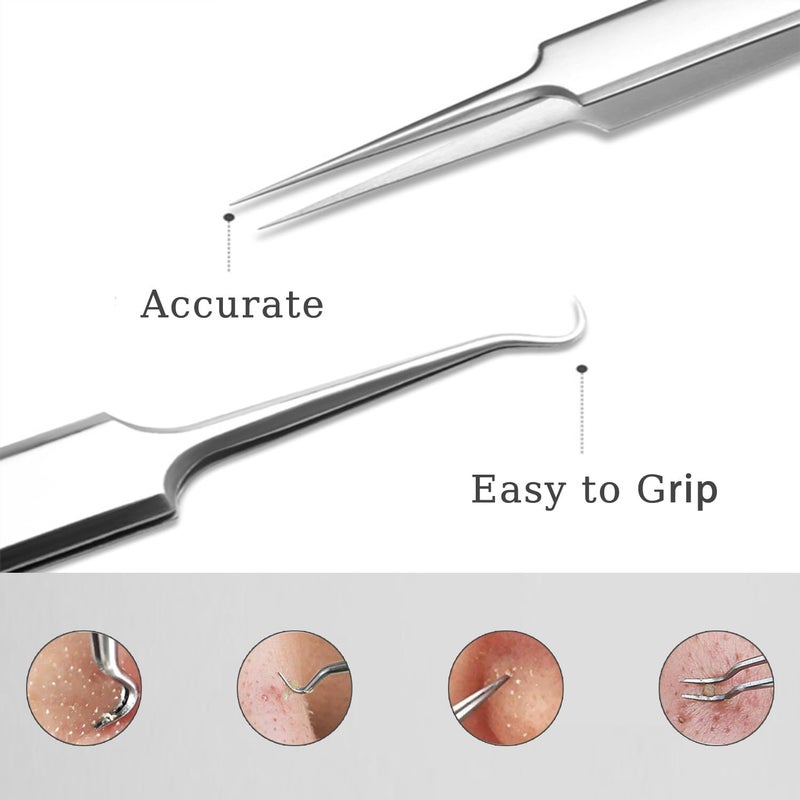 BLAAROOM Professional Facial Blackhead Remover Tweezers,3Pcs Precision Pimple Popper Tool Kit for Whitehead Ance Blemishs Comedones Stainless Steel Makeup Tool - Matte - Image 5